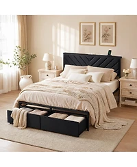 Upholstered Metal Platform Bed Frame with Charging Station Headboard & 2 Rolling Under Storage Drawers