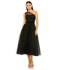 Mac Duggal Women's One Shoulder Pearl Beaded Midi Ballgown