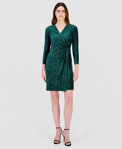 Anne Klein Women's Classic Velvet Sequin Faux-Wrap Dress