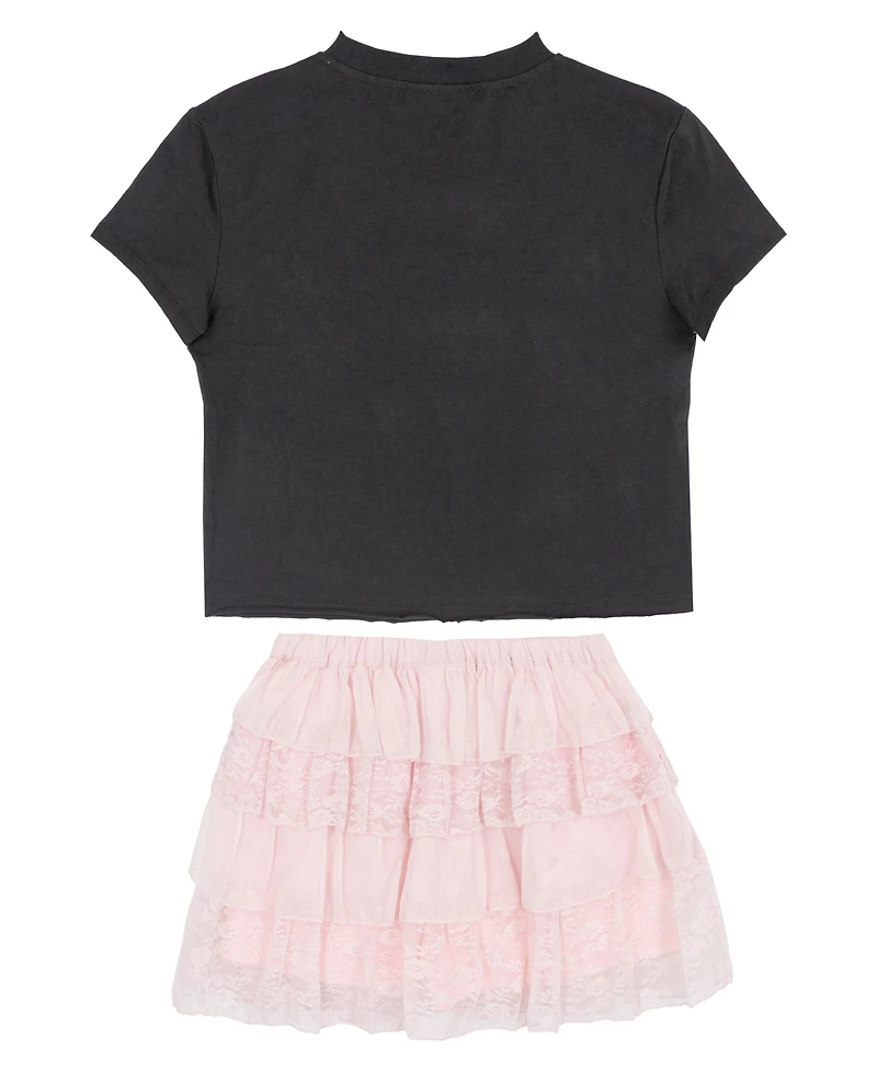 Tween Diva Girls' 7-12 Western Graphic T-Shirt, Mixed Media Tiered Skort and Necklace, 3-Piece Set
