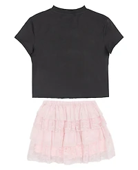 Tween Diva Girls' 7-12 Western Graphic T-Shirt, Mixed Media Tiered Skort and Necklace, 3-Piece Set