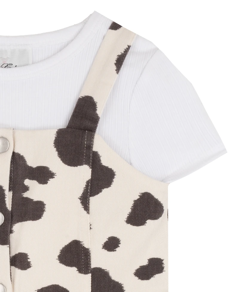 Rare Editions Girls' 2T-6X Cow Print Twill Jumper and T-Shirt, 2-Piece Set