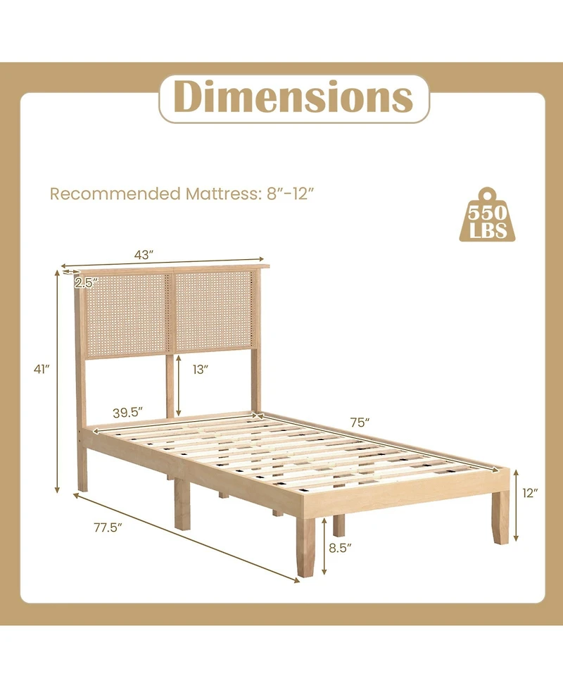 Slickblue Platform Bed Frame with Rattan Headboard and Durable Support