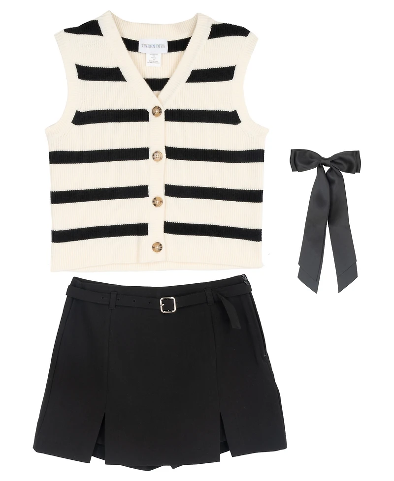 Tween Diva Girls' 7-12 Striped Sweater Vest, Pleated Skort with Belt and Bow Hair Clip, 3-Piece Set