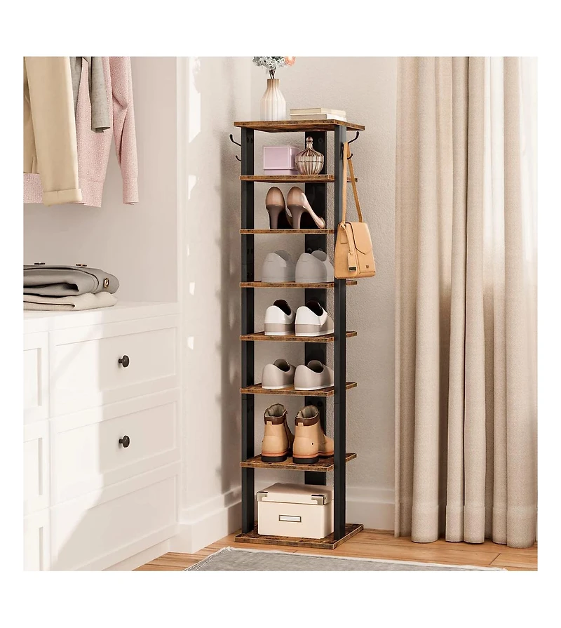 Slickblue Entryway 8-Tier Wooden Shoe Rack with Hooks