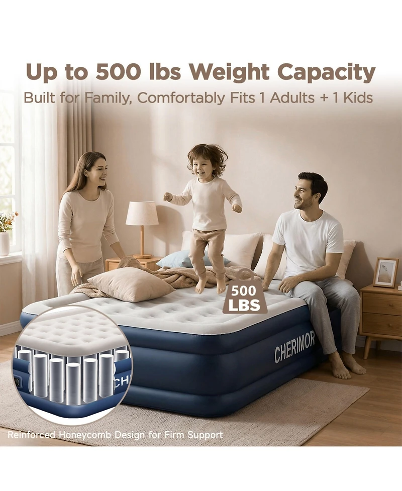 Cherimor 20" Twin Xl Air Mattress with Built-in Pump, 500lb Capacity, Fast Inflation Guest Bed, Honeycomb Support, Blue