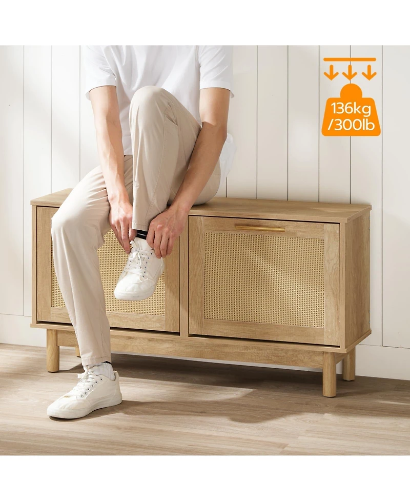 Slickblue Shoe Storage Bench Rattan Design with Flip-Top Drawers