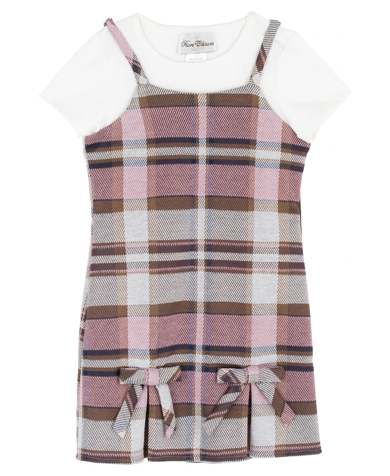 Rare Editions Girls' 2T-6X Rib Knit T-Shirt and Plaid Pleated Jumper, 2-Piece Set