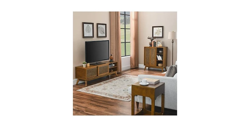 Flynama Mid Century Rattan Sideboard Cabinet with Adjustable Shelves and Wood Legs Light Wood