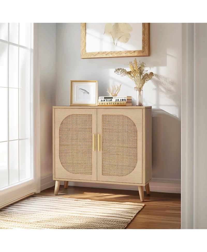 Flynama Farmhouse Buffet Cabinet with Rattan Doors Solid Wood Feet 4 Compartment Storage Cabinet