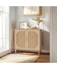 Flynama Farmhouse Buffet Cabinet with Rattan Doors Solid Wood Feet 4 Compartment Storage Cabinet
