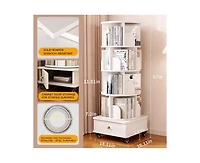 flynama 5-Tier 360 Degree Rotating Wooden Bookshelf with Single Drawer, Space-Saving Corner Home Organizer