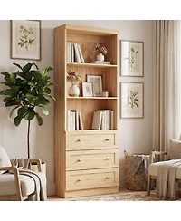 Aheaplus 80" Storage Cabinet with 3 Drawers and Open Shelves, Wooden Bookcase