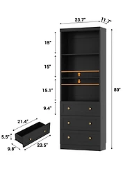 Aheaplus 80" Storage Cabinet with 3 Drawers and Open Shelves, Wooden Bookcase