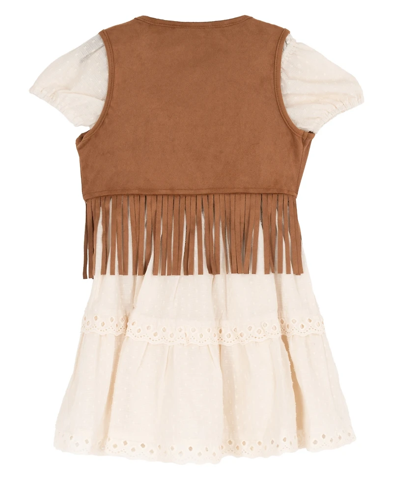 Rare Editions Girls' 4T-6X Suede Fringe Vest and Clip Dot Cotton Puff Sleeve Dress, 2-Piece Set