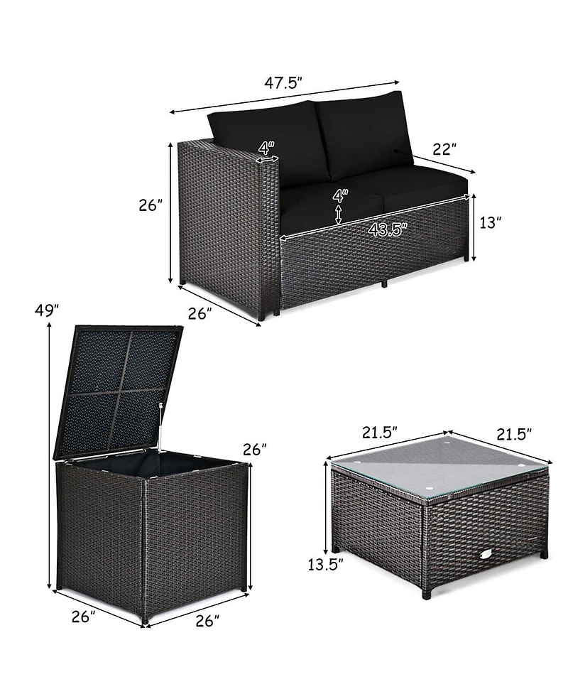 Costway 4 Piece Outdoor Patio Rattan Furniture Set Cushioned Loveseat Storage Table