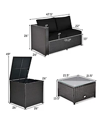 Costway 4 Piece Outdoor Patio Rattan Furniture Set Cushioned Loveseat Storage Table