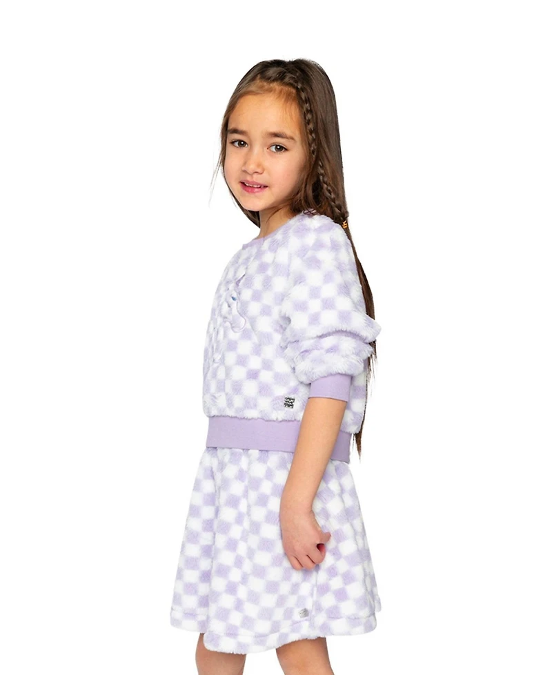 Deux par Deux Little and Big Girl 6-12 Faux Fur Top Lilac and Tiles