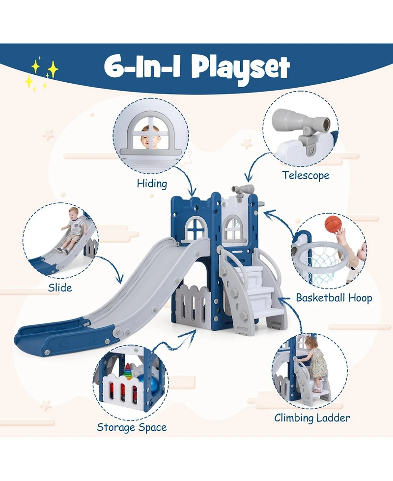 Slickblue 6-in-1 Kids Playground Set with Slide Ladder and Basketball Goal