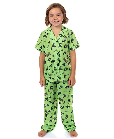 Wicked Girl's (6-16) Elphaba Pajamas Chibi Broom Hat Design Button Up Shirt and Pants Pajama Set