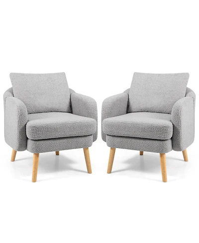 Gymax Sherpa Accent Chair Set of 2 with Seat Cushion and Pillow Rubber Wood Legs for Bedroom