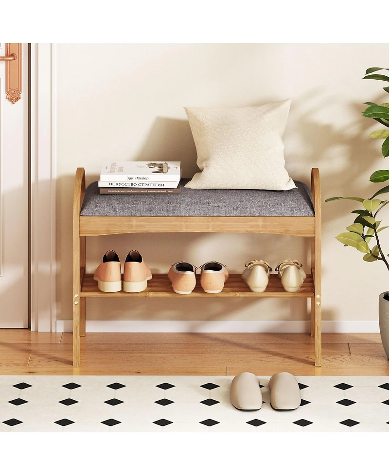 Slickblue Wicker Shoe Bench with Cushion Seat and 2-Level Storage Shelf for Entryway