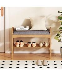 Slickblue Wicker Shoe Bench with Cushion Seat and 2-Level Storage Shelf for Entryway