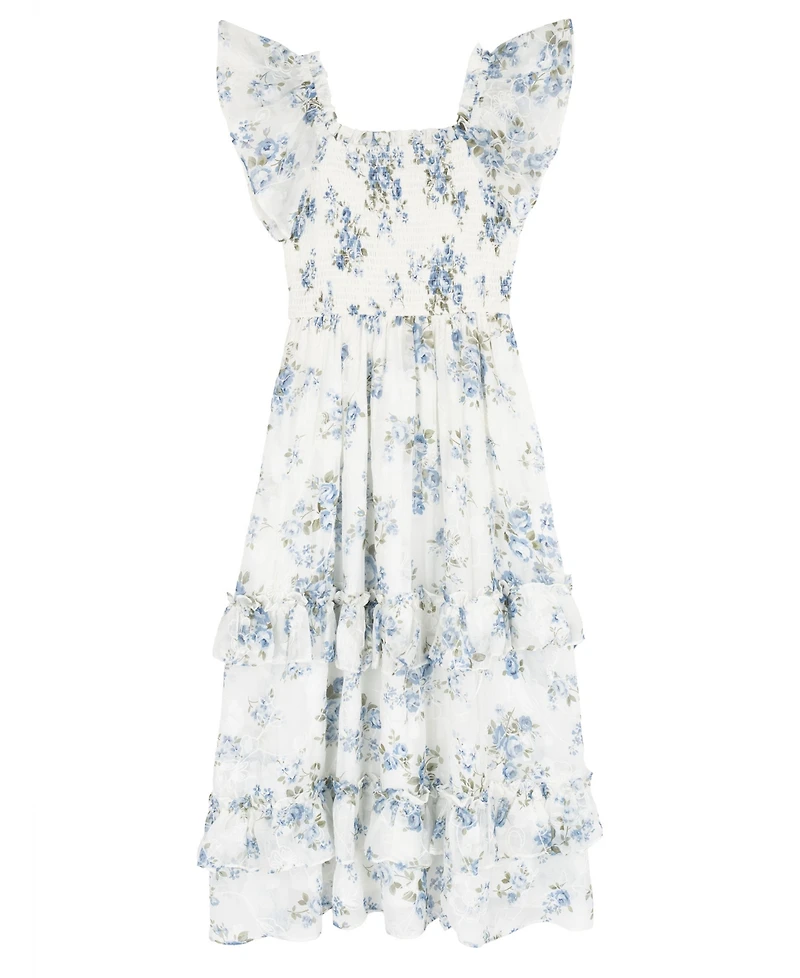 Rare Editions Girls' 7-16 Floral Print Chiffon Smocked Flutter Sleeve Midi Dress