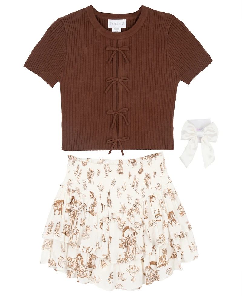 Tween Diva Girls' 7-12 Rib Knit Bow Sweater, Printed Skort and Satin Hair Bow, 3-Piece Set