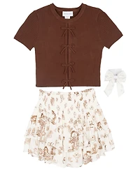 Tween Diva Girls' 7-12 Rib Knit Bow Sweater, Printed Skort and Satin Hair Bow, 3-Piece Set