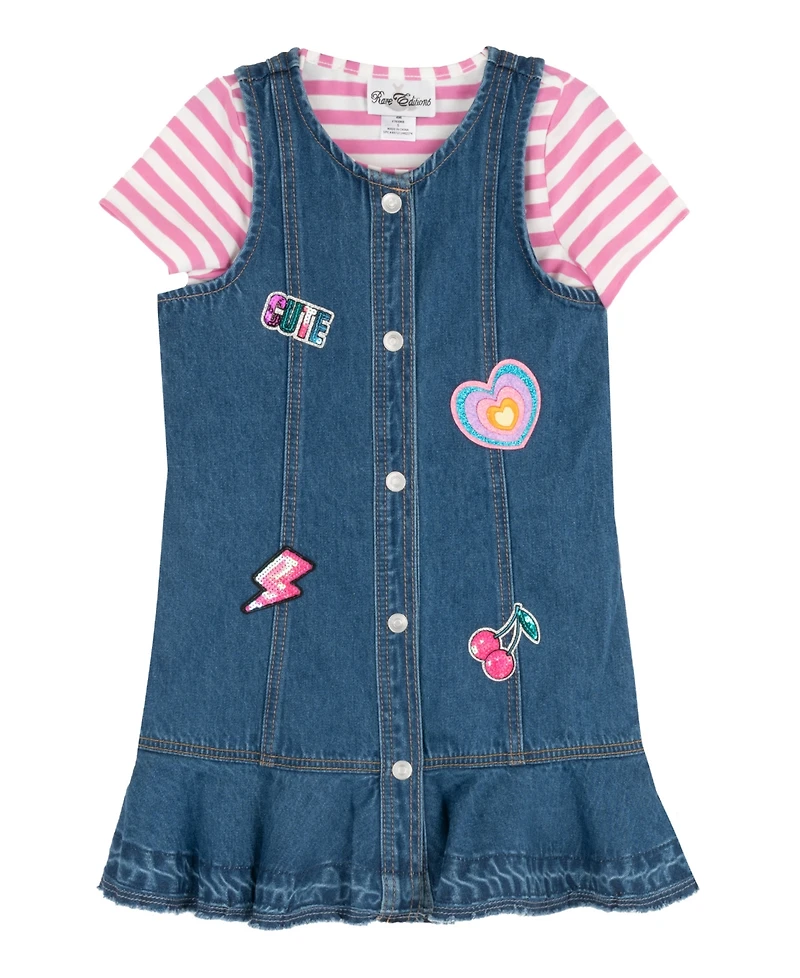 Rare Editions Girls' 2T-6X Striped T-Shirt and Patch Denim Jumper, 2-Piece Set