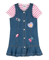Rare Editions Girls' 2T-6X Striped T-Shirt and Patch Denim Jumper, 2-Piece Set