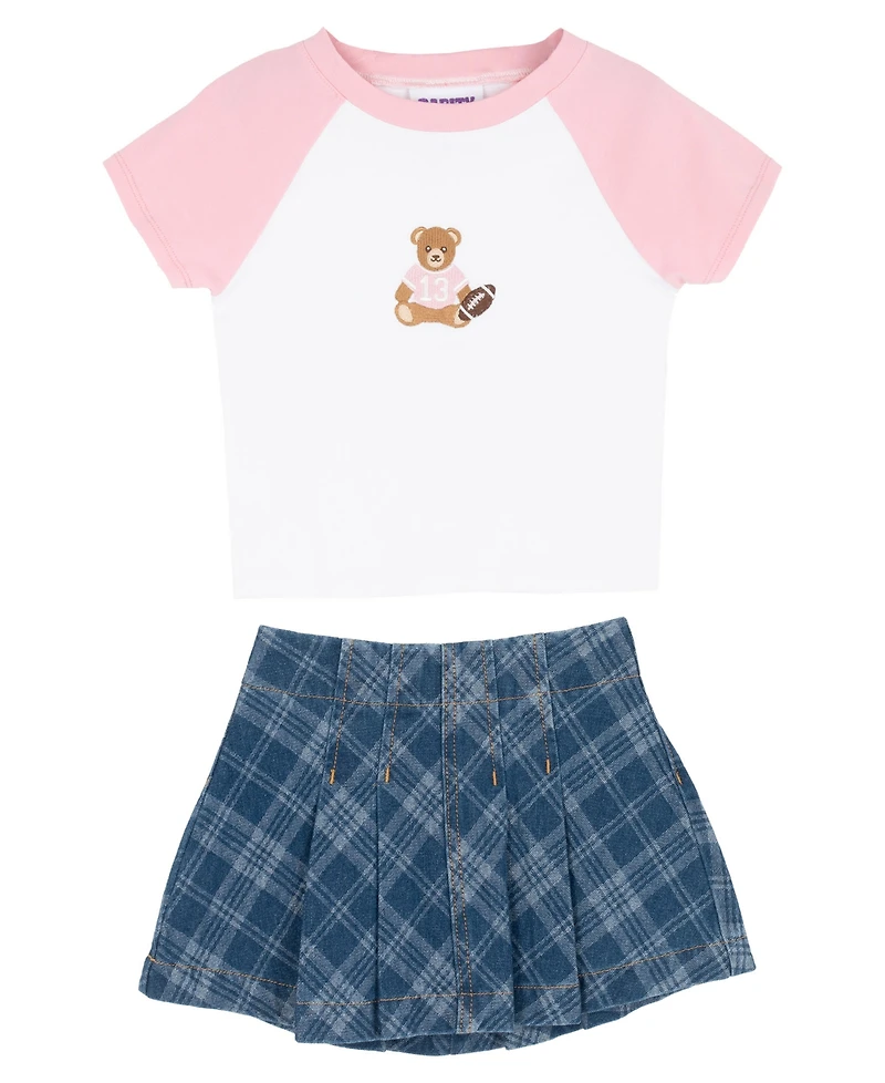 Rare Editions Girls' 2T-6X Raglan T-Shirt and Plaid denim Skirt, 2-Piece Set