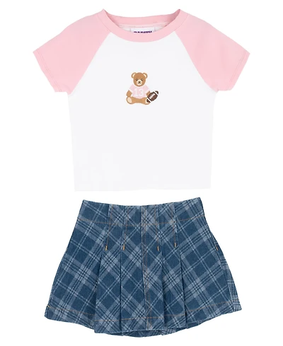 Rare Editions Girls' 2T-6X Raglan T-Shirt and Plaid denim Skirt, 2-Piece Set
