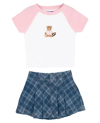 Rare Editions Girls' 2T-6X Raglan T-Shirt and Plaid denim Skirt, 2-Piece Set