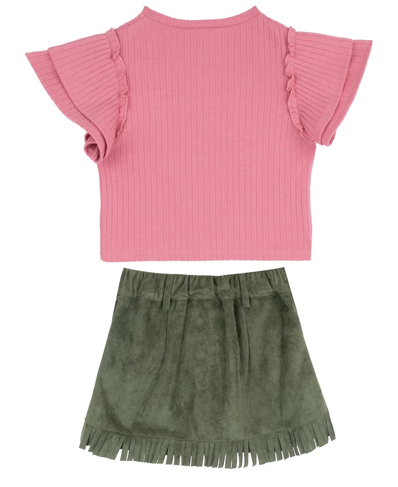 Rare Editions Girls' 2T-6X Applique Knit Top and Suede Fringe Skirt, 2-Piece Set