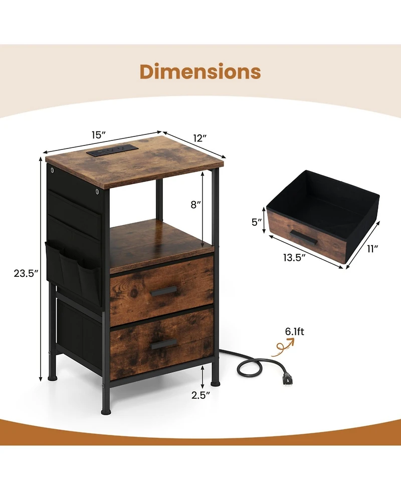 Slickblue Nightstand End Table with Charging Station and Fabric Drawers