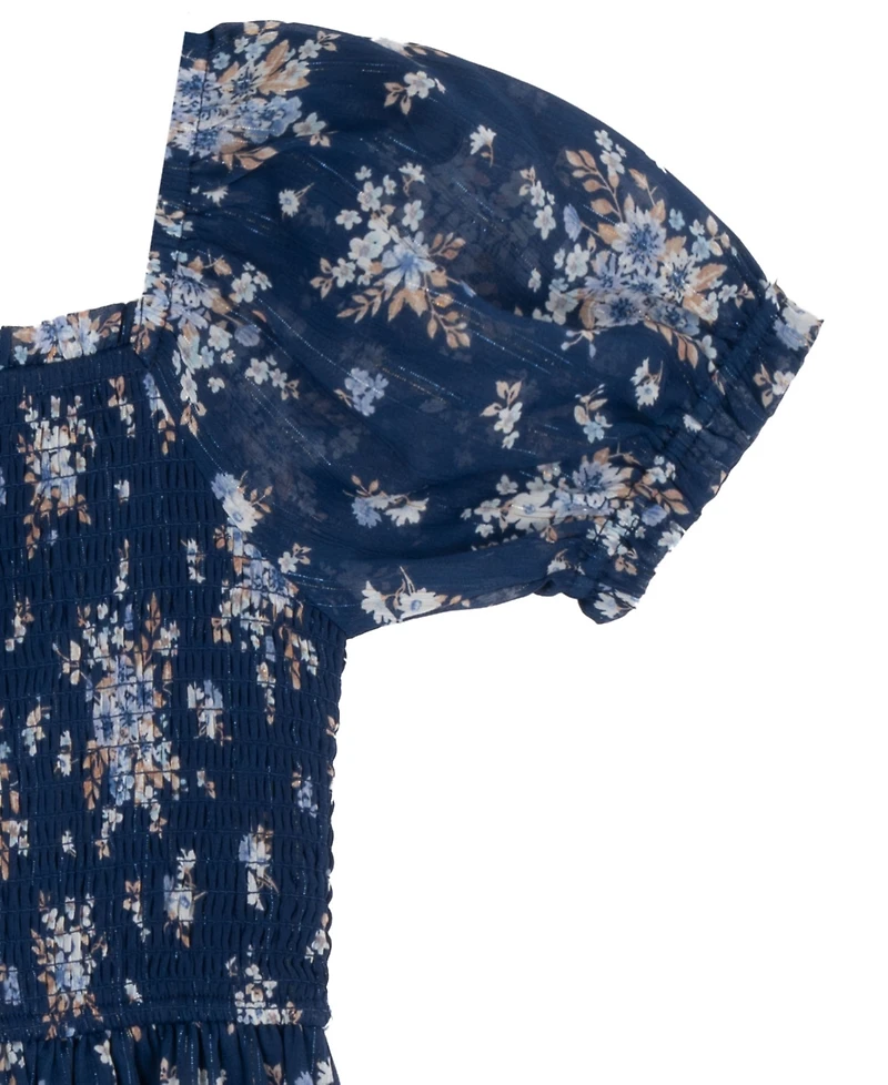 Rare Editions Girls' 7-16 Printed Lurex Chiffon Puff Sleeve Tiered Midi Dress