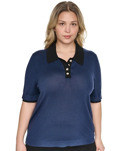 Karl Lagerfeld Paris Plus Size Johnny Collar Short-Sleeve Sweater