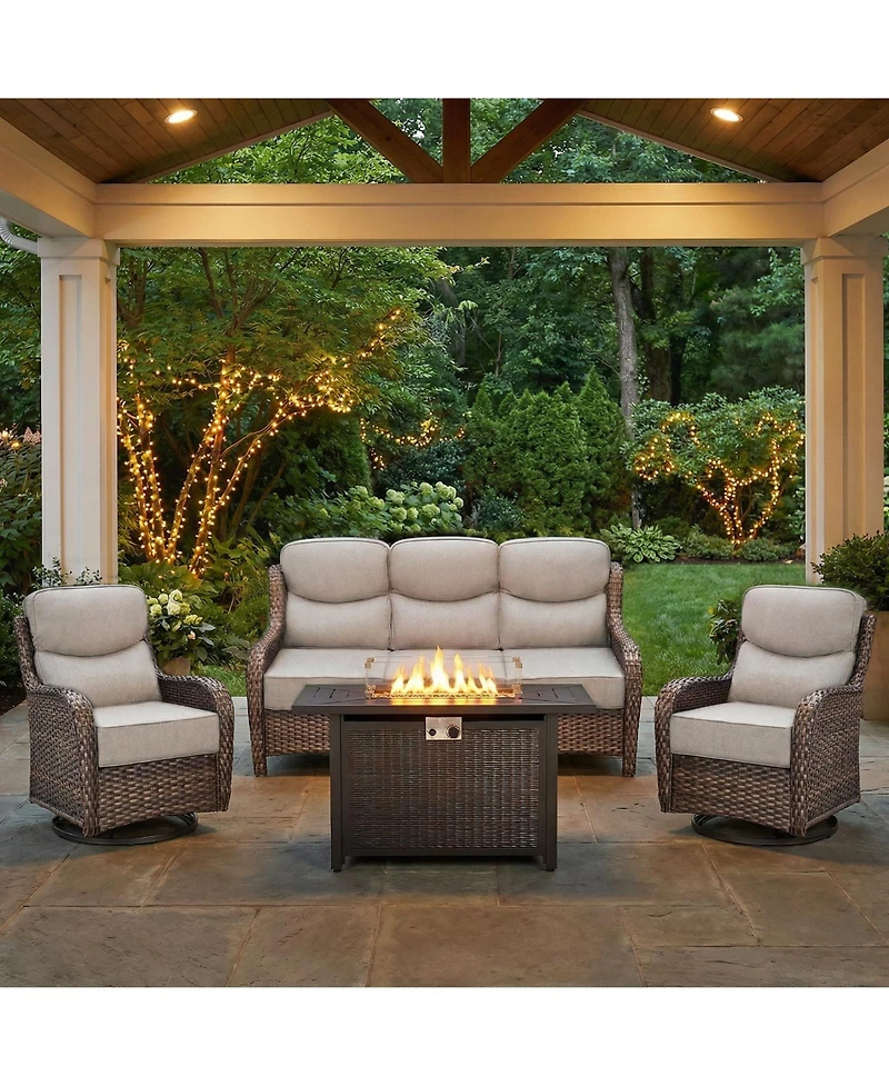 Pocassy Outdoor Patio Furniture Sets with Firepit Table, Conversation 1 3-Seater Sofa, 2 Swivel Sofa 6inch Thick Cushion