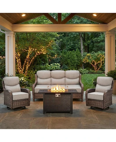 Pocassy Outdoor Patio Furniture Sets with Firepit Table, Conversation 1 3-Seater Sofa, 2 Swivel Sofa 6inch Thick Cushion