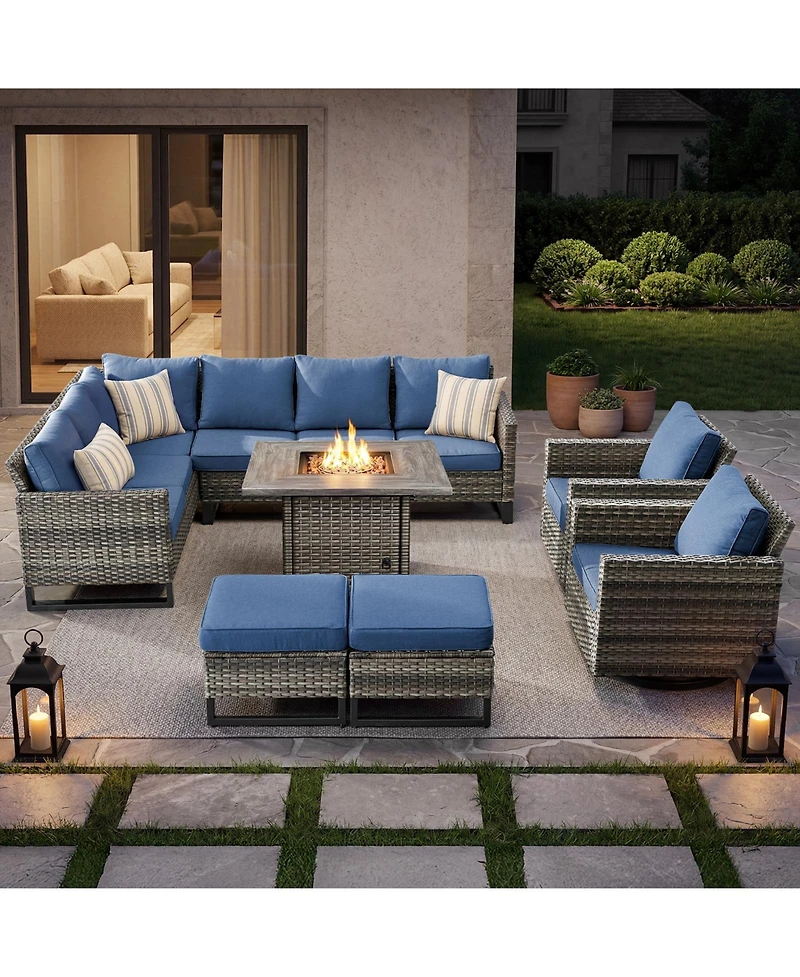 Pocassy 8 Pieces Outdoor Patio Furniture Set with Propane Gas Fire Pit Table, Sectional Sofa Pe Rattan Wicker Conversation Sets