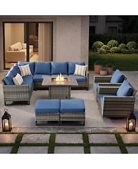 Pocassy 8 Pieces Outdoor Patio Furniture Set with Propane Gas Fire Pit Table, Sectional Sofa Pe Rattan Wicker Conversation Sets
