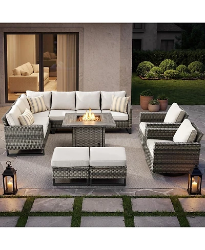Pocassy 8 Pieces Outdoor Patio Furniture Set with Propane Gas Fire Pit Table, Sectional Sofa Pe Rattan Wicker Conversation Sets