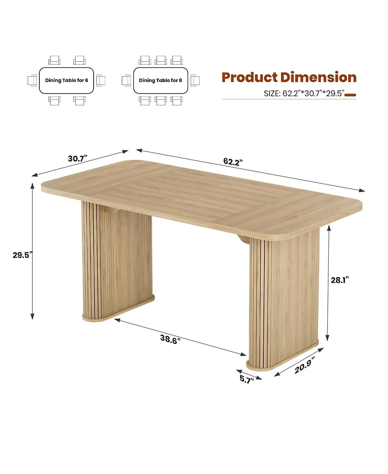 homfan Dining Table for 6-8 People, 62" Modern Table with Large Tabletop and Heavy Duty Pedestal Legs, Rectangular Table for Kitchen, Conference Room