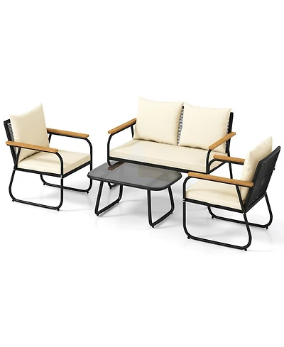 Sugift 4-Piece Wicker Patio Furniture Set with Acacia Wood Armrests