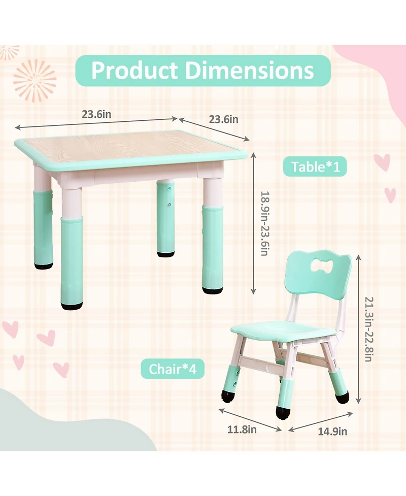 homfan Kids Table and Chairs Set, 23.6 Inch Mdf Adjustable Activity Desk with 4 for Classroom or Playroom