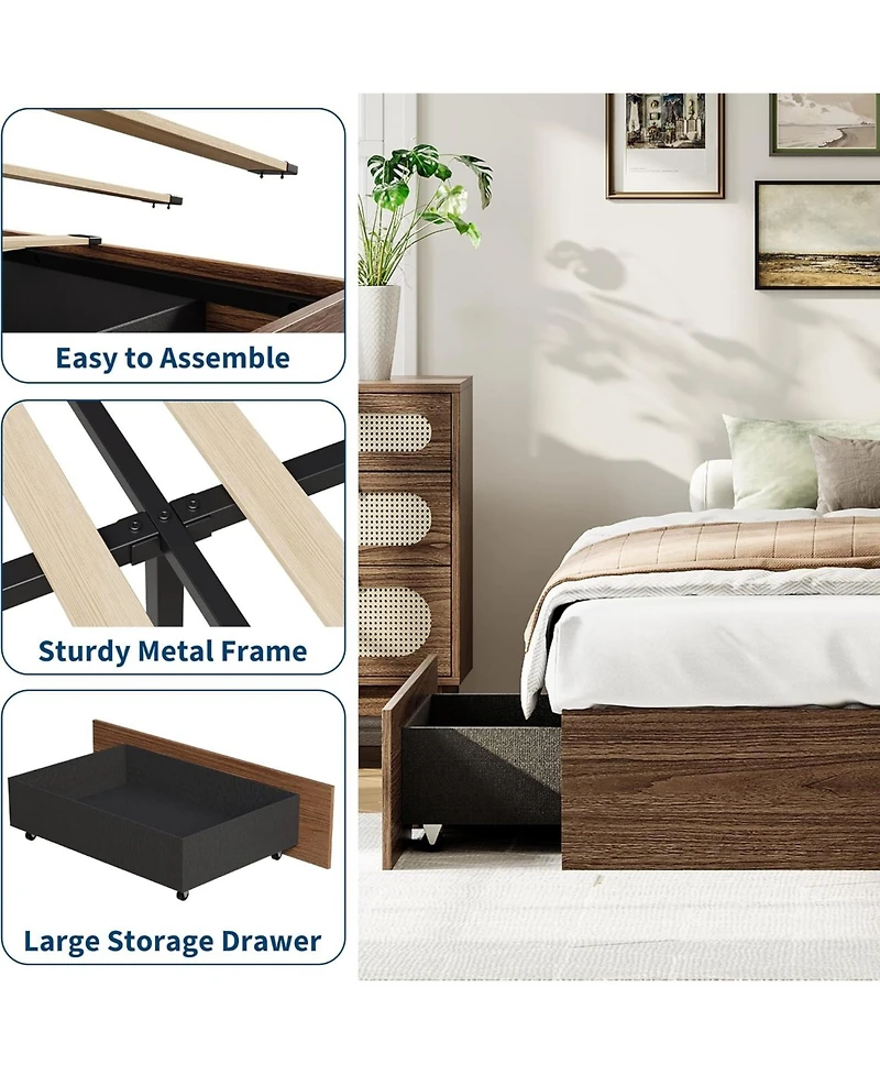 gaomon Wood Platform Bed Frame with 2 Storage Drawers, Wooden Bed Frame Without Headboard, Wood Slat Support, No Box Spring Needed