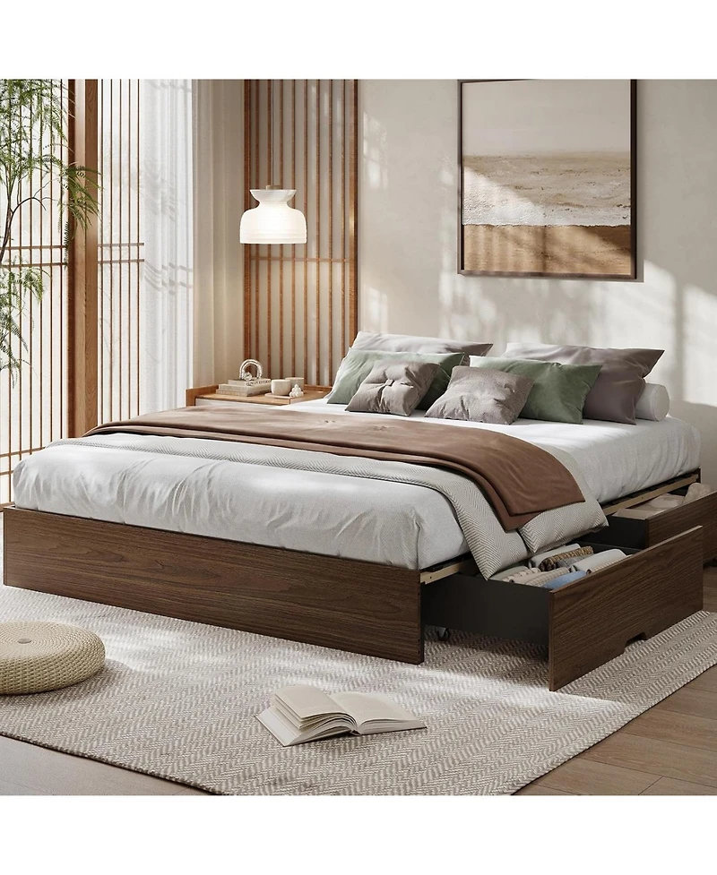 gaomon Wood Platform Bed Frame with 2 Storage Drawers, Wooden Bed Frame Without Headboard, Wood Slat Support, No Box Spring Needed