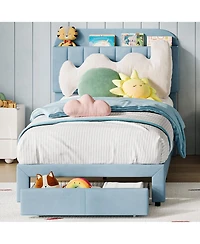 homfan 2 Pieces Twin Bed Frame, Upholstered Platform with Large Storage Drawer and Bookcase Headboard, Velvet Upholstered, Noise-Free, Easy Assembly